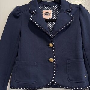 Juicy Couture Navy Blazer with Polka Dot Trim & Gold Buttons – Size 14